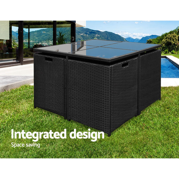 Gardeon 9 Piece Wicker Outdoor Dining Set - Black & Grey Gardeon