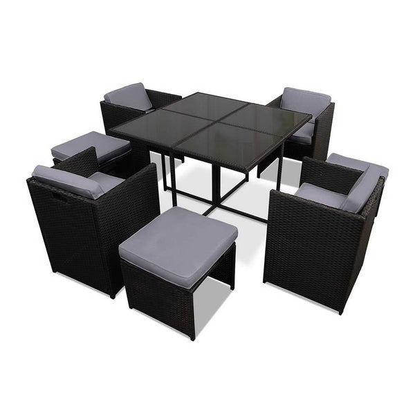 Gardeon 9 Piece Wicker Outdoor Dining Set - Black & Grey Gardeon