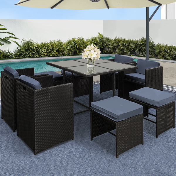 Gardeon 9 Piece Wicker Outdoor Dining Set - Black & Grey Gardeon