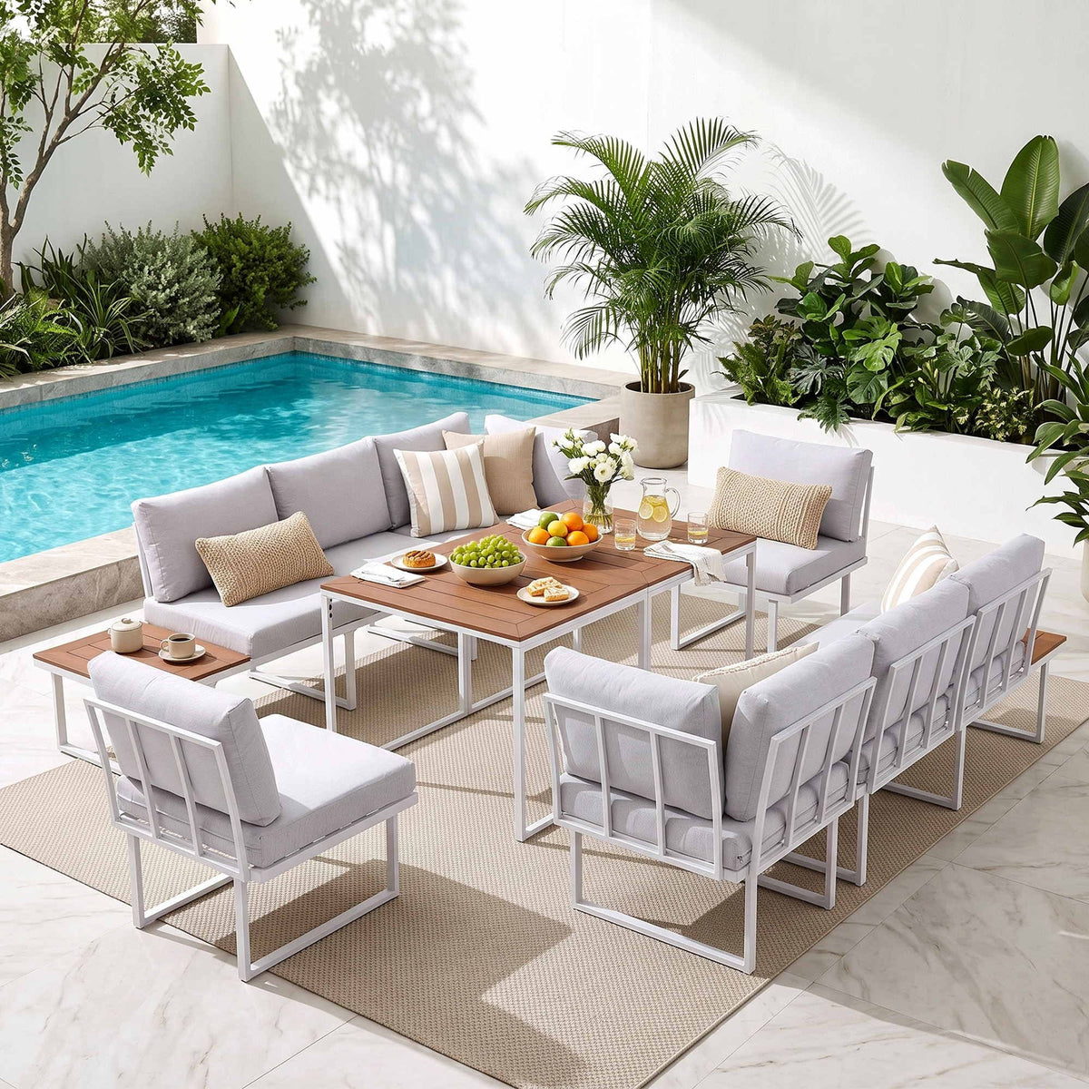 Gardeon 8 Seater Outdoor Dining Sofa Set with WPC Side Tables Patio Furniture White Awezingly