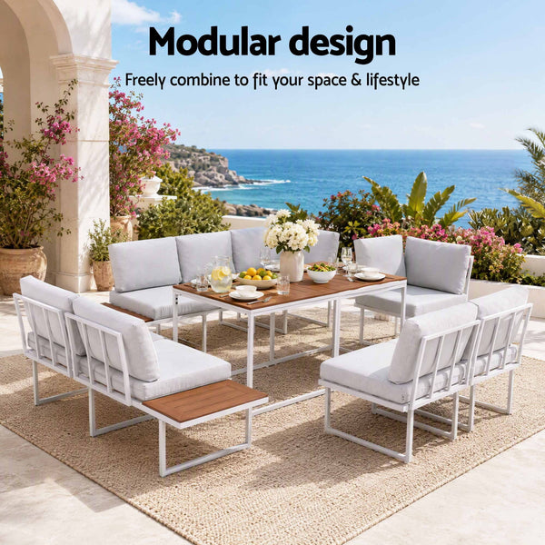 Gardeon 8 Seater Outdoor Dining Sofa Set with WPC Side Tables Patio Furniture White Awezingly