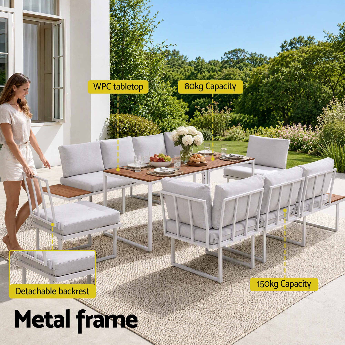 Gardeon 8 Seater Outdoor Dining Sofa Set with WPC Side Tables Patio Furniture White Awezingly