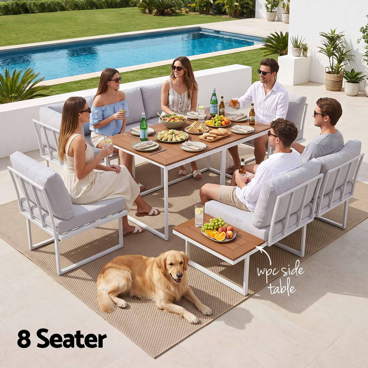 Gardeon 8 Seater Outdoor Dining Sofa Set with WPC Side Tables Patio Furniture White Awezingly