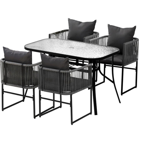 Gardeon 5PCS Outdoor Dining Set Table and Chairs Rope Patio Furniture Garden Black Gardeon