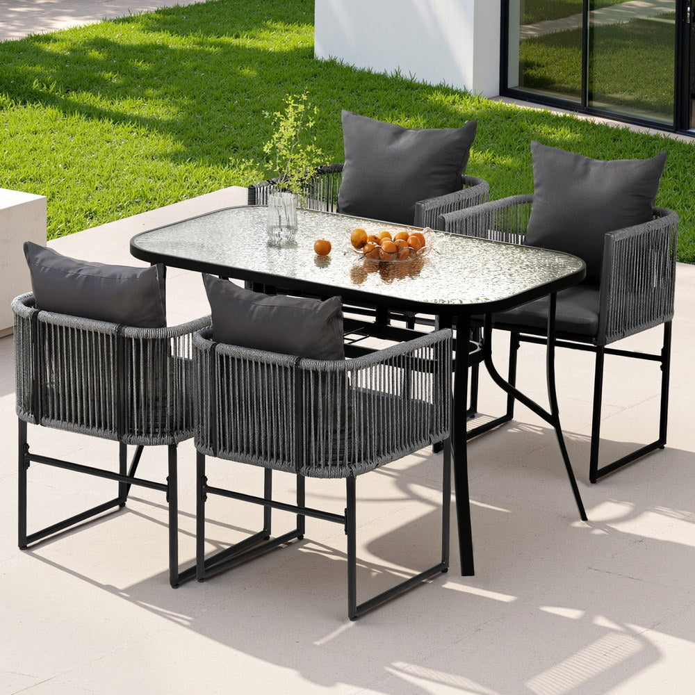 Gardeon 5PCS Outdoor Dining Set Table and Chairs Rope Patio Furniture Garden Black Gardeon