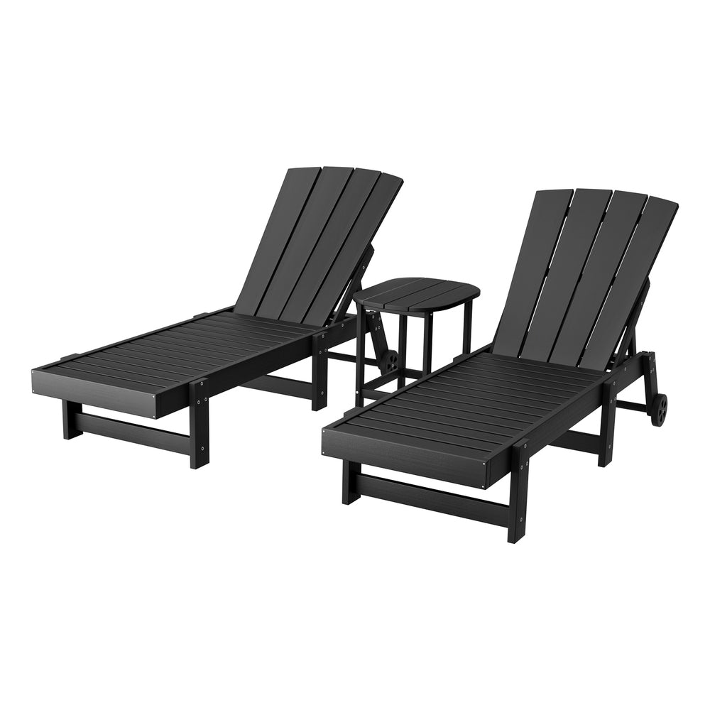 Gardeon Sun Lounge Lounger Table and Chairs Beach Chair HDPE Patio Outdoor Furniture Wheels Black Gardeon