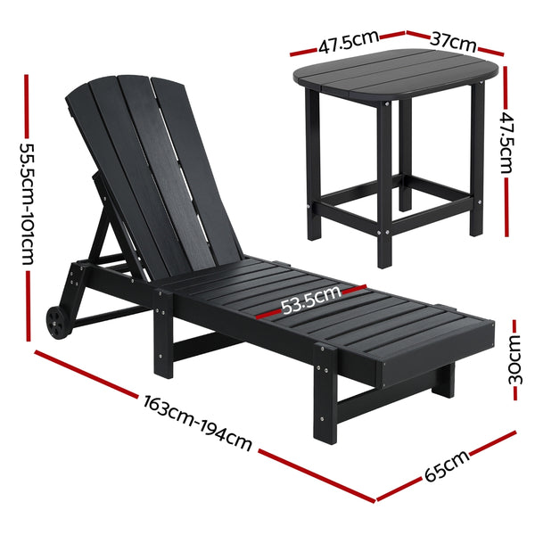 Gardeon Sun Lounge Lounger Table and Chairs Beach Chair HDPE Patio Outdoor Furniture Wheels Black Gardeon