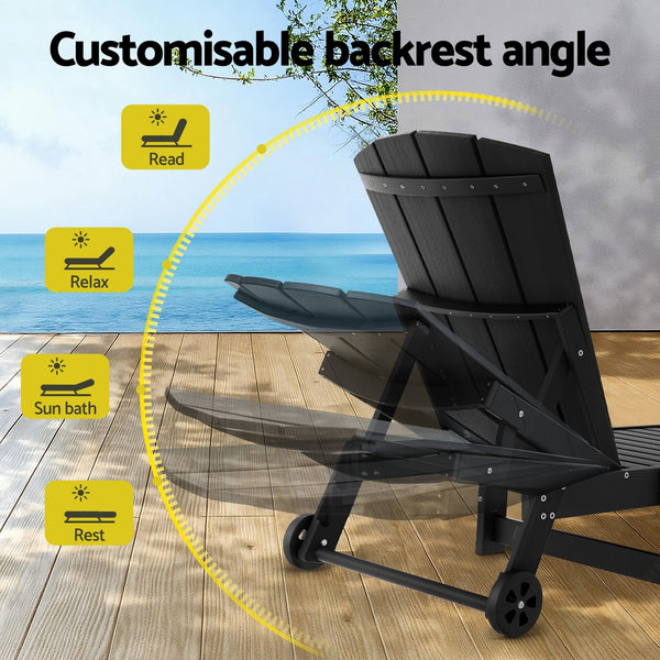 Gardeon Sun Lounge Lounger Table and Chairs Beach Chair HDPE Patio Outdoor Furniture Wheels Black Gardeon