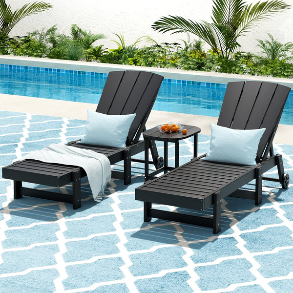 Gardeon Sun Lounge Lounger Table and Chairs Beach Chair HDPE Patio Outdoor Furniture Wheels Black Gardeon
