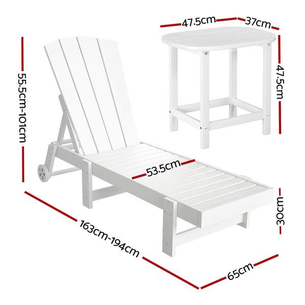 Gardeon Sun Lounge Lounger Table and Chairs Beach Chair Adirondack HDPE Patio Outdoor Furniture Wheels White Gardeon