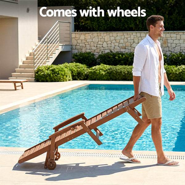 Gardeon Sun Lounge Lounger Table and Chairs Beach Chair HDPE Patio Outdoor Furniture Wheels Brown Awezingly