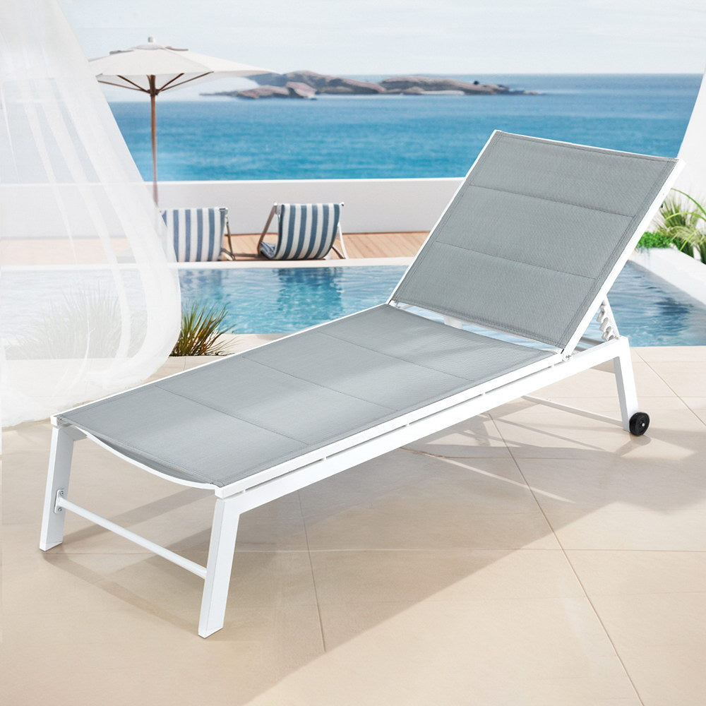 Gardeon Sun Lounger Chaise Lounge Wheels Patio Furniture Outdoor Setting White Gardeon