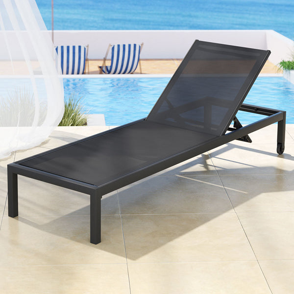 Gardeon Sun Lounge Outdoor Lounger Aluminium Folding Beach Chair Wheels Black Gardeon