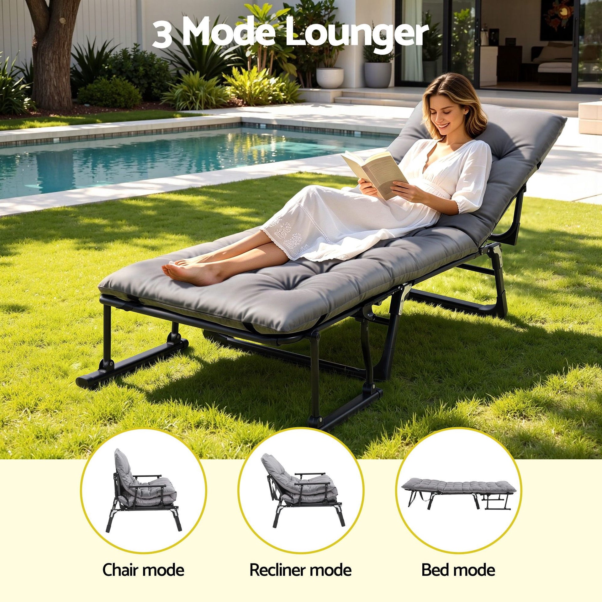 Gardeon 3-in-1 Sun Lounger Folding Camping Chair Adjustable Recliner Patio Furniture for Office Nap, Poolside Awezingly