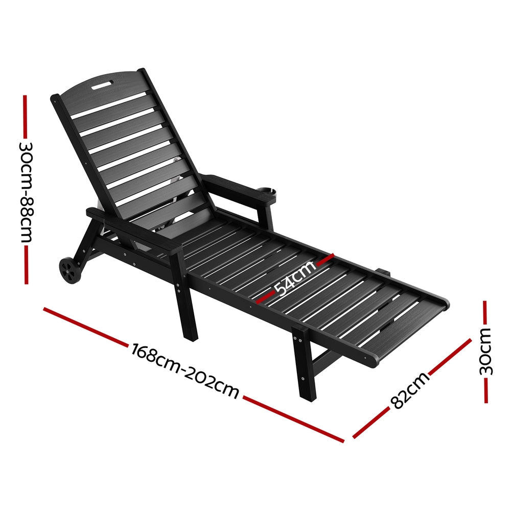 Gardeon Sun Lounge Lounger Beach Chair HDPE Patio Outdoor Furniture with Wheels Black Gardeon