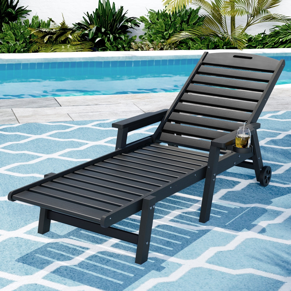 Gardeon Sun Lounge Lounger Beach Chair HDPE Patio Outdoor Furniture with Wheels Black Gardeon
