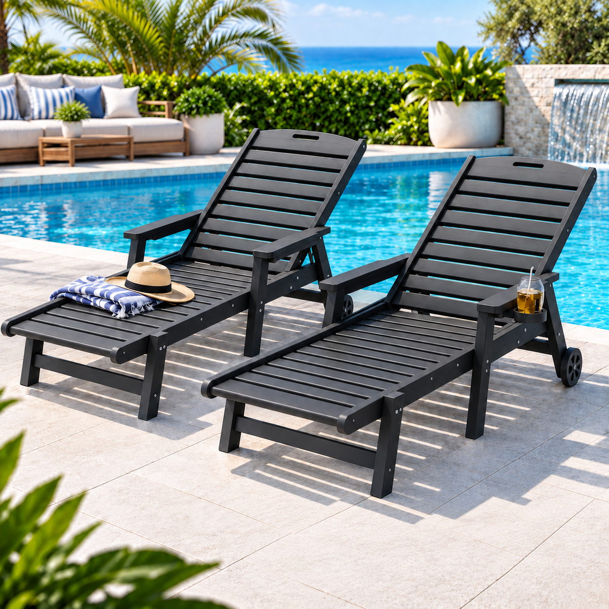 Gardeon 2PCS Sun Lounge Lounger Beach Chair HDPE Patio Outdoor Furniture with Wheels Black Awezingly