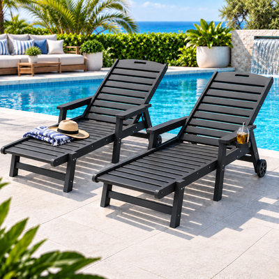 Gardeon 2PCS Sun Lounge Lounger Beach Chair HDPE Patio Outdoor Furniture with Wheels Black