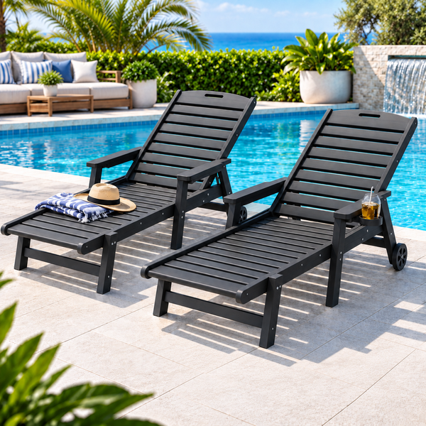 Gardeon 2PCS Sun Lounge Lounger Beach Chair HDPE Patio Outdoor Furniture with Wheels Black Awezingly