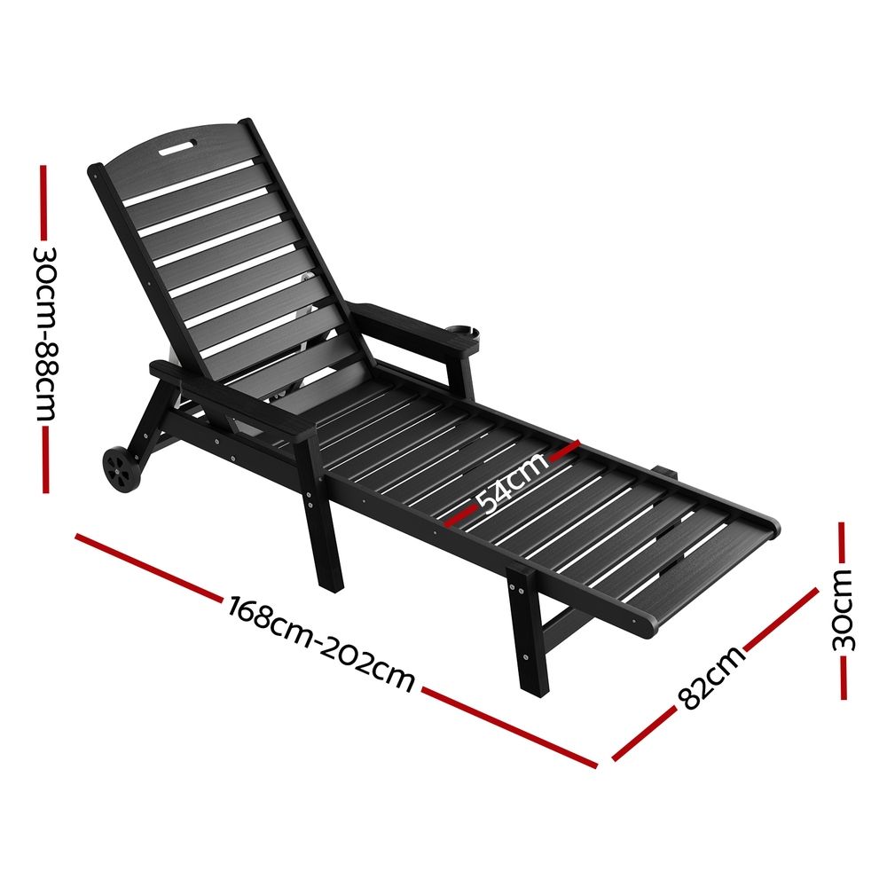 Gardeon 2PCS Sun Lounge Lounger Beach Chair HDPE Patio Outdoor Furniture with Wheels Black Awezingly