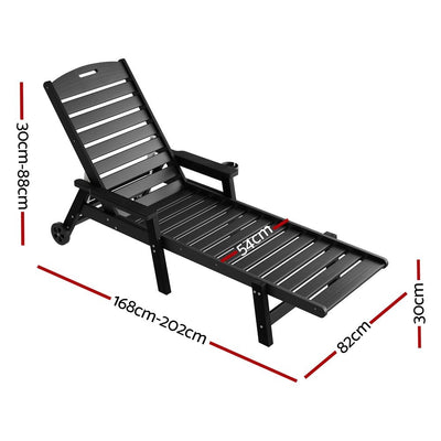 Gardeon 2PCS Sun Lounge Lounger Beach Chair HDPE Patio Outdoor Furniture with Wheels Black