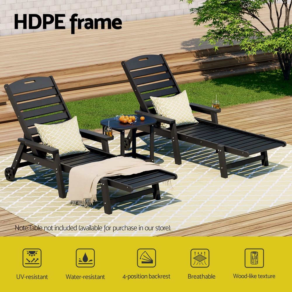 Gardeon 2PCS Sun Lounge Lounger Beach Chair HDPE Patio Outdoor Furniture with Wheels Black Awezingly