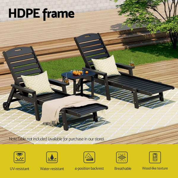 Gardeon 2PCS Sun Lounge Lounger Beach Chair HDPE Patio Outdoor Furniture with Wheels Black Awezingly