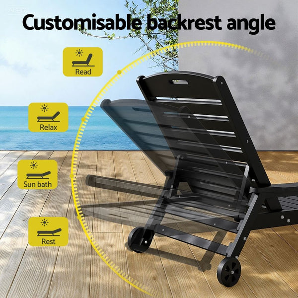 Gardeon 2PCS Sun Lounge Lounger Beach Chair HDPE Patio Outdoor Furniture with Wheels Black Awezingly