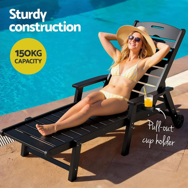 Gardeon 2PCS Sun Lounge Lounger Beach Chair HDPE Patio Outdoor Furniture with Wheels Black Awezingly
