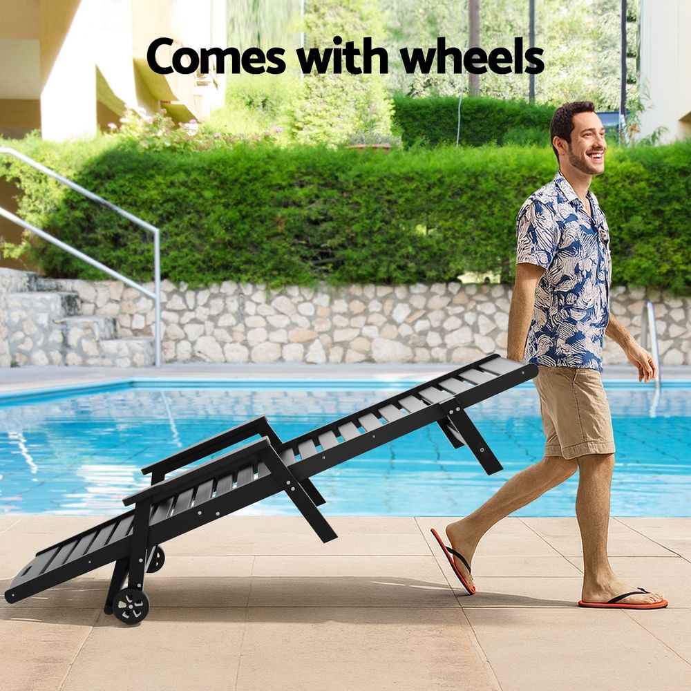 Gardeon 2PCS Sun Lounge Lounger Beach Chair HDPE Patio Outdoor Furniture with Wheels Black Awezingly