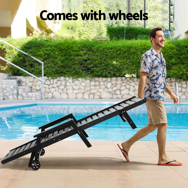 Gardeon 2PCS Sun Lounge Lounger Beach Chair HDPE Patio Outdoor Furniture with Wheels Black Awezingly