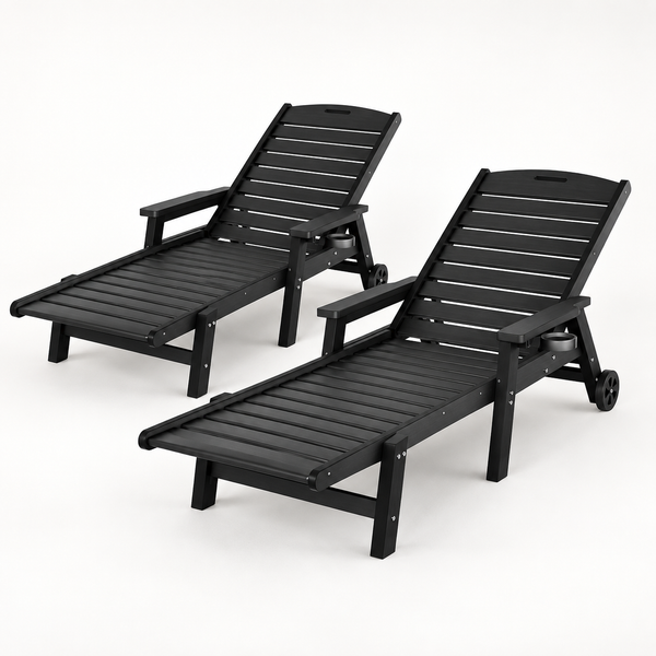 Gardeon 2PCS Sun Lounge Lounger Beach Chair HDPE Patio Outdoor Furniture with Wheels Black Awezingly