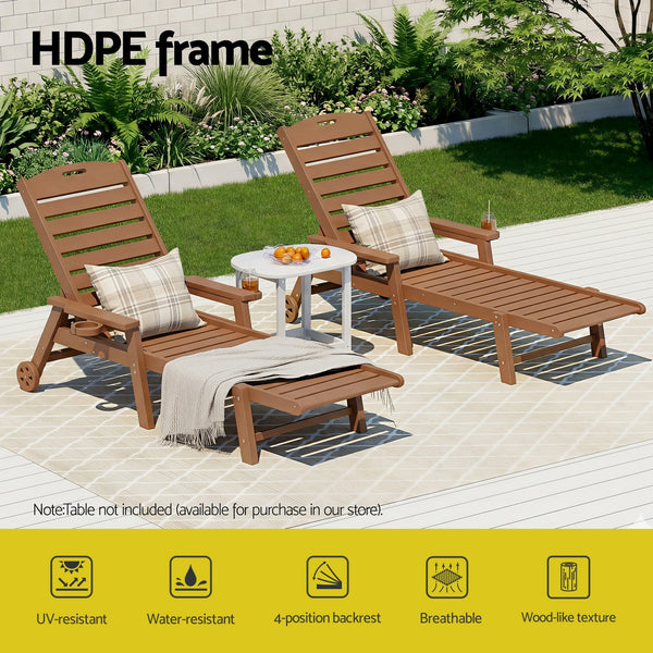 Gardeon Sun Lounge Lounger Beach Chair HDPE Patio Outdoor Furniture with Wheels Brown Awezingly