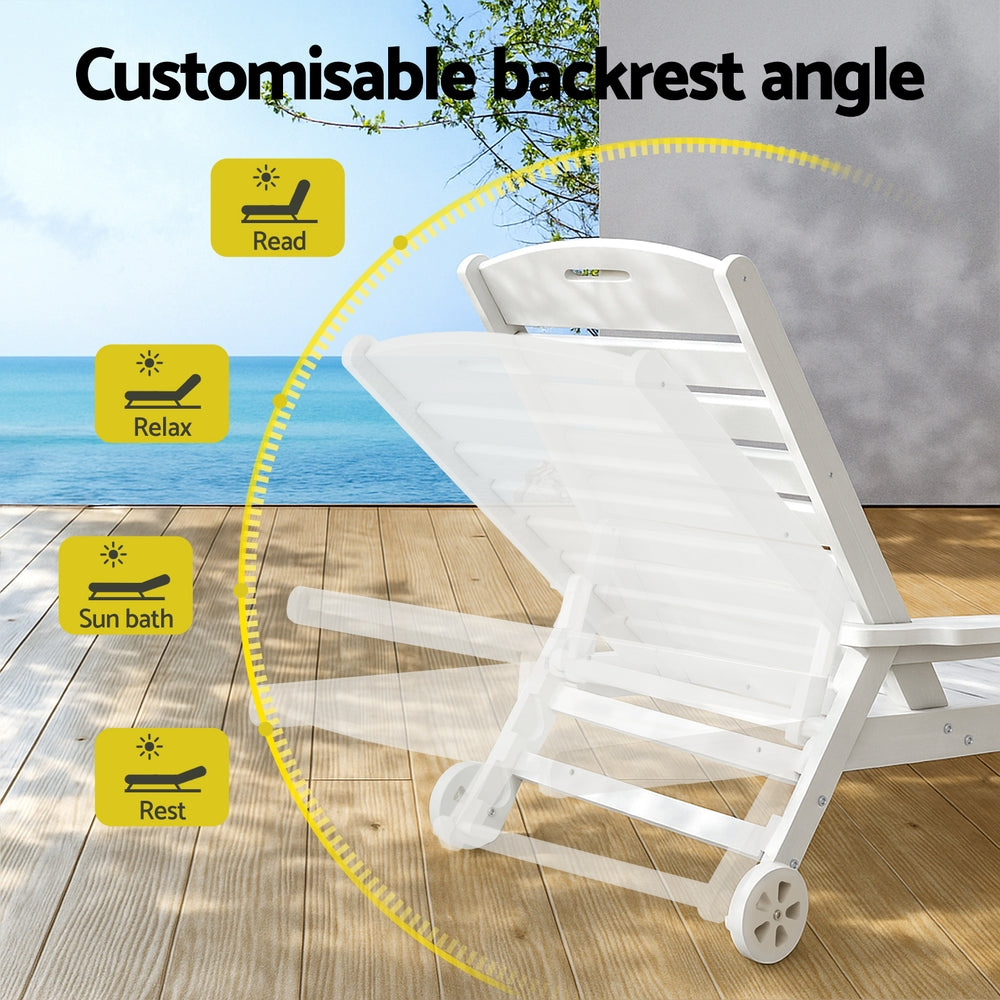 Gardeon Sun Lounge Lounger Beach Chair HDPE Patio Outdoor Furniture with Wheels White Gardeon