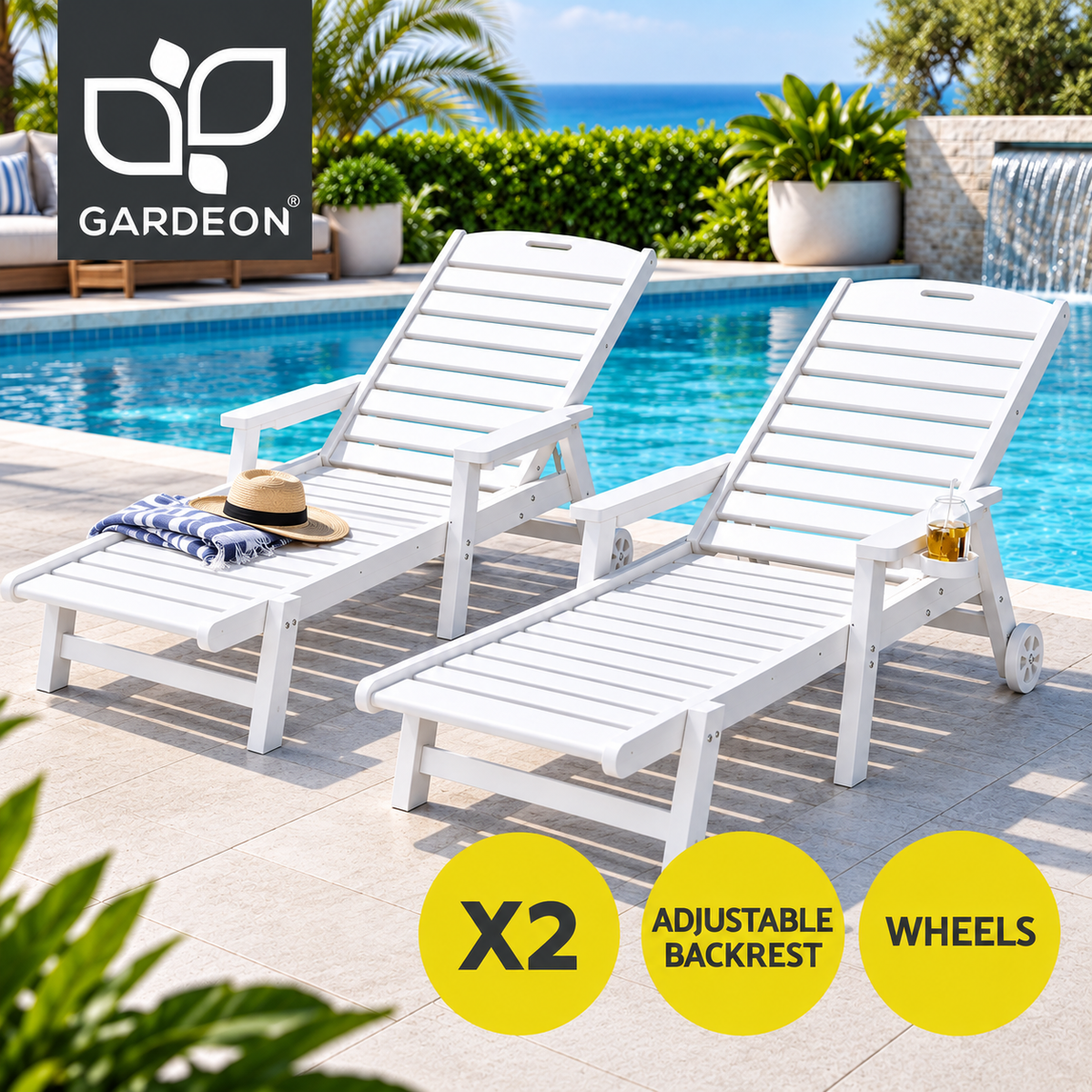 Gardeon 2PCS Sun Lounge Lounger Beach Chair HDPE Patio Outdoor Furniture with Wheels White Awezingly