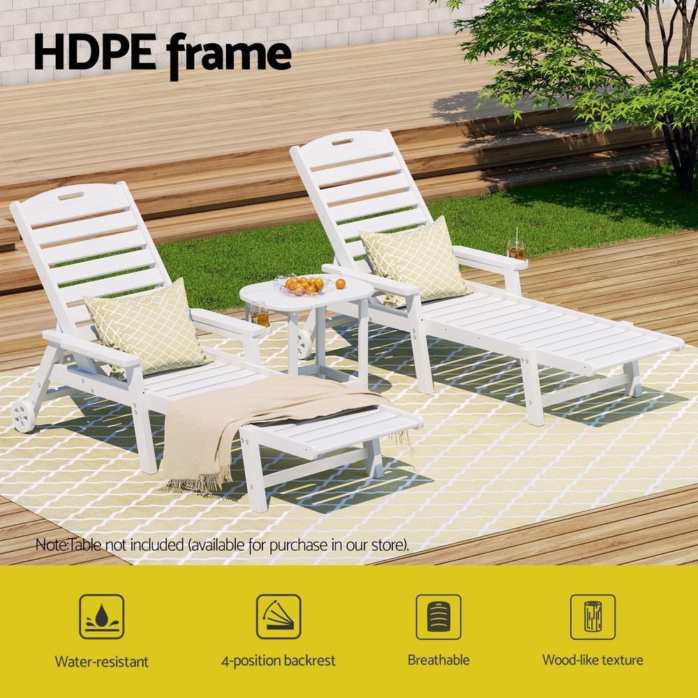 Gardeon 2PCS Sun Lounge Lounger Beach Chair HDPE Patio Outdoor Furniture with Wheels White Awezingly