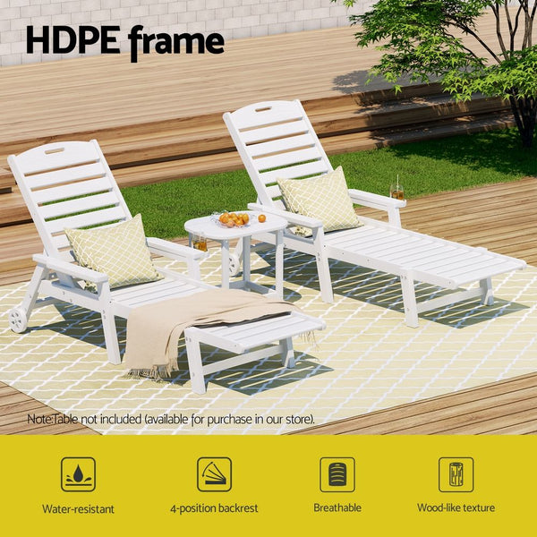 Gardeon 2PCS Sun Lounge Lounger Beach Chair HDPE Patio Outdoor Furniture with Wheels White Awezingly