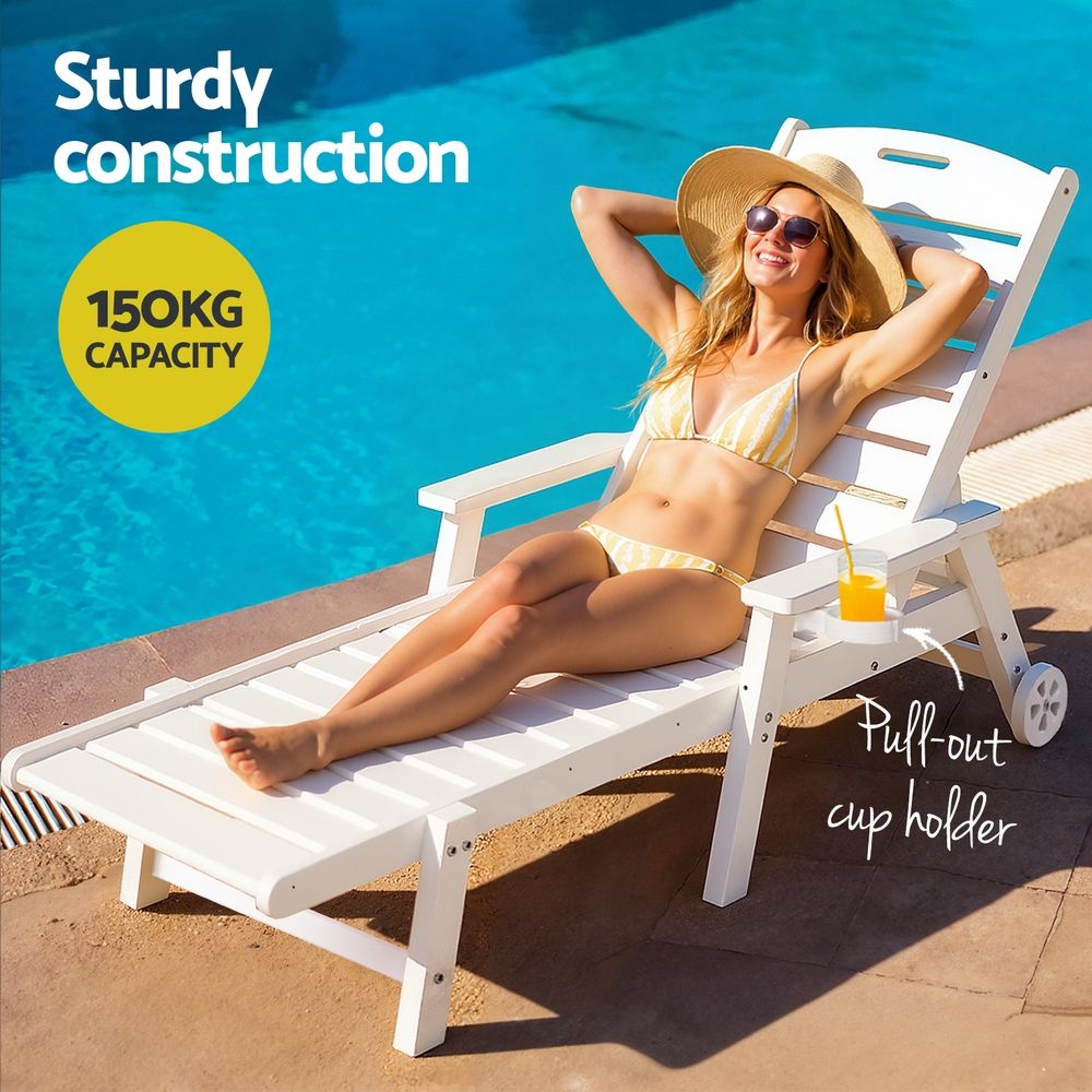 Gardeon 2PCS Sun Lounge Lounger Beach Chair HDPE Patio Outdoor Furniture with Wheels White Awezingly