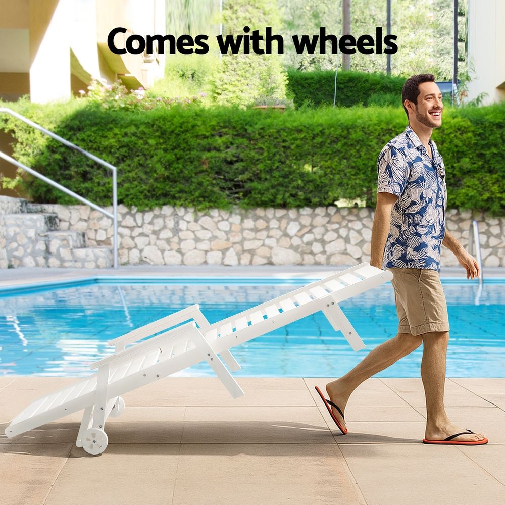 Gardeon 2PCS Sun Lounge Lounger Beach Chair HDPE Patio Outdoor Furniture with Wheels White Awezingly