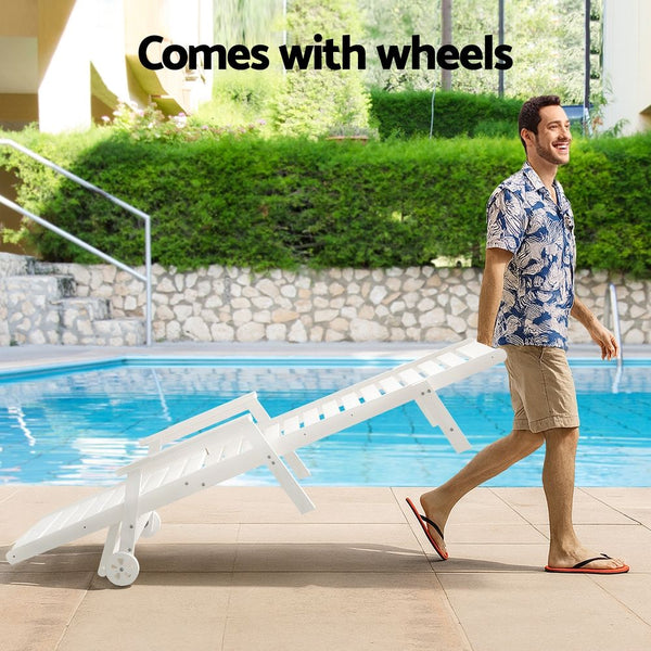 Gardeon 2PCS Sun Lounge Lounger Beach Chair HDPE Patio Outdoor Furniture with Wheels White Awezingly