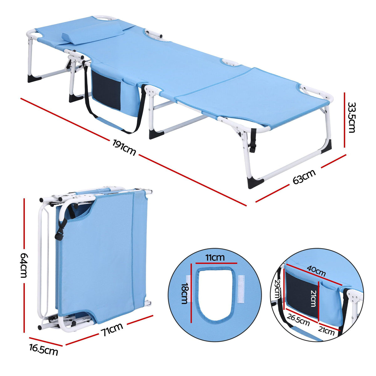 Gardeon Sun Lounger 5 Position Folding Tanning Chair with Face Hole Blue Awezingly