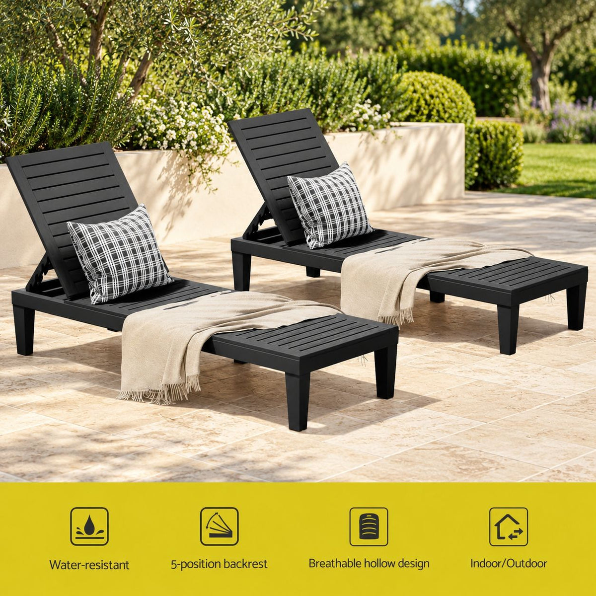 Gardeon 2x Sun Lounge Adjustable Recliner Patio Outdoor Furniture Lightweight Black Awezingly