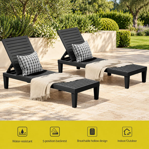 Gardeon 2x Sun Lounge Adjustable Recliner Patio Outdoor Furniture Lightweight Black Awezingly