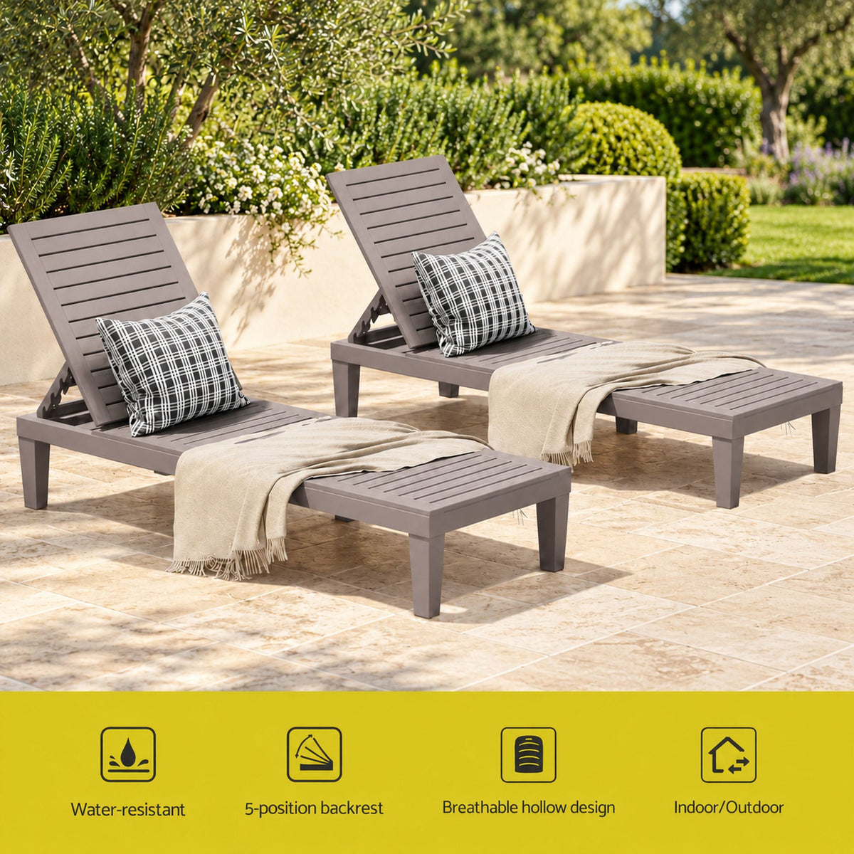 Set of 2 Gardeon Sun Lounge Adjustable Recliner Patio Outdoor Furniture Lightweight Brown Awezingly