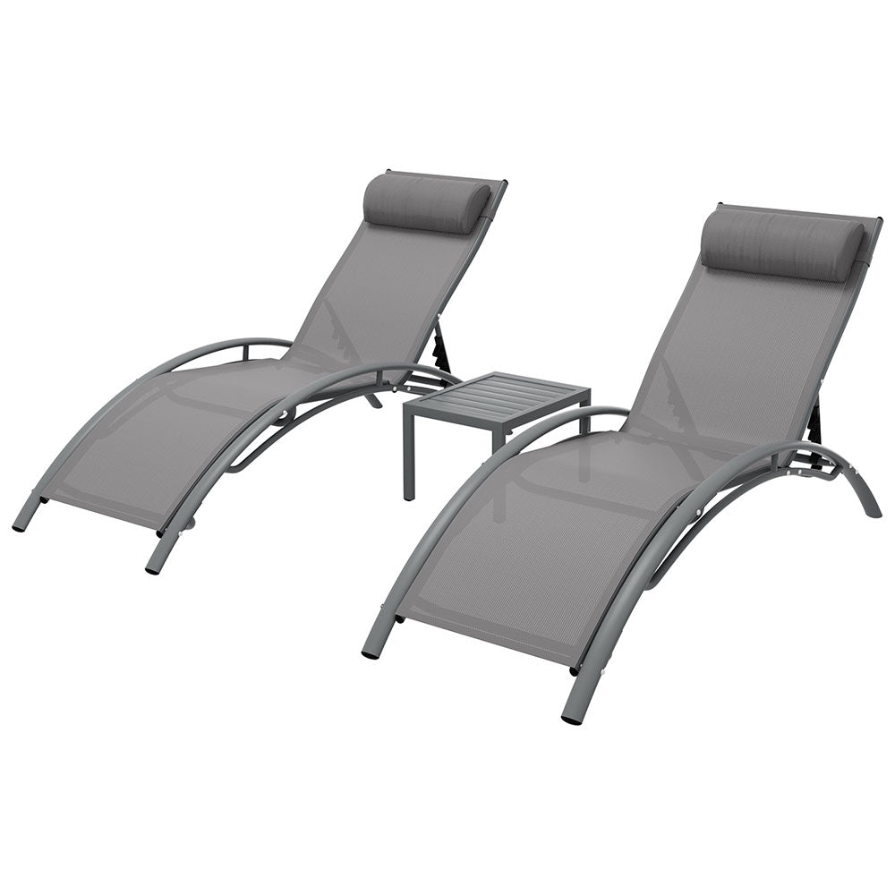 Gardeon 3PC Sun Lounge Outdoor Lounger Steel Table Chairs Patio Furniture Grey Gardeon