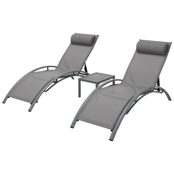 Gardeon 3PC Sun Lounge Outdoor Lounger Steel Table Chairs Patio Furniture Grey Gardeon