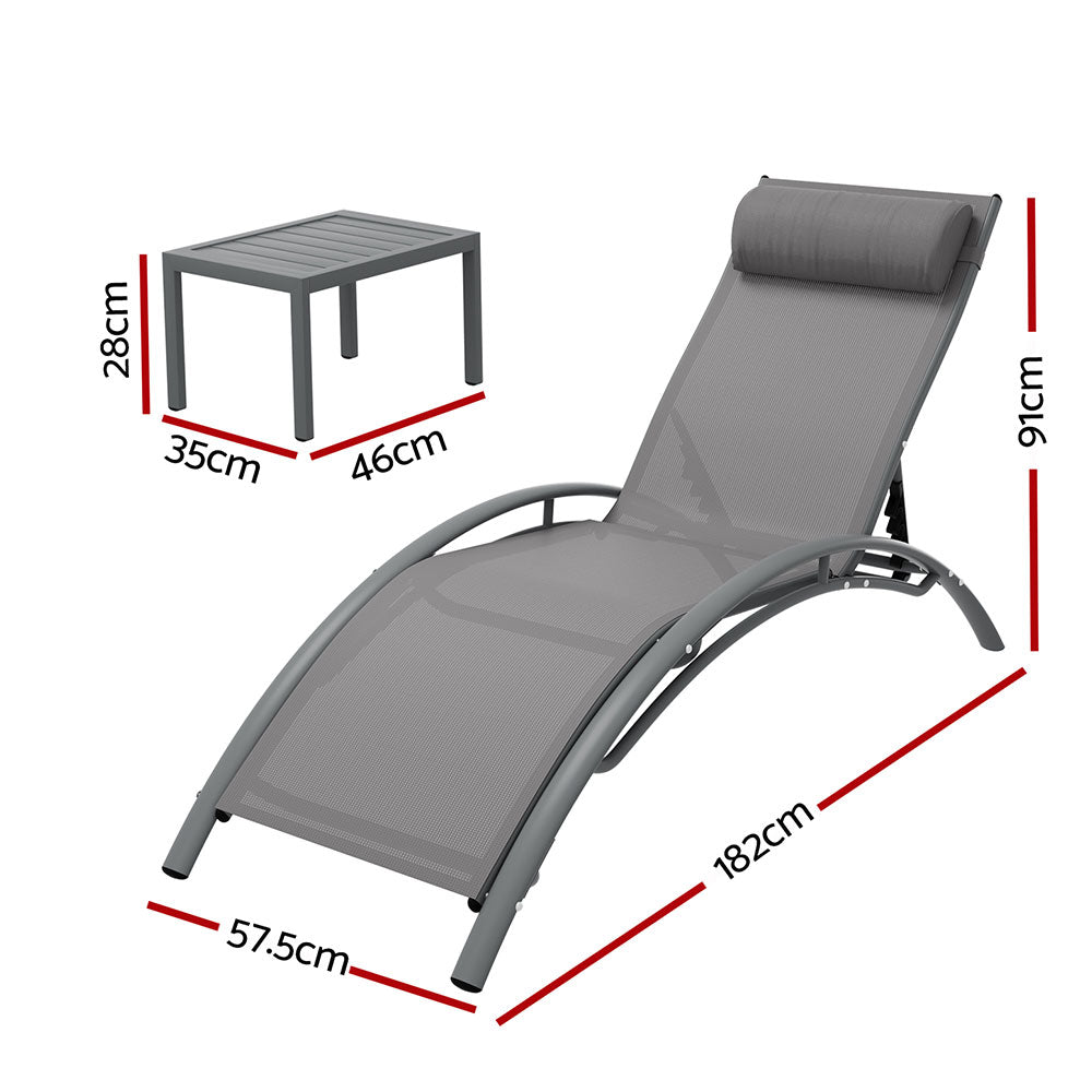 Gardeon 3PC Sun Lounge Outdoor Lounger Steel Table Chairs Patio Furniture Grey Gardeon