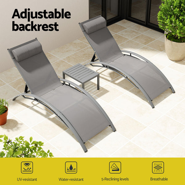 Gardeon 3PC Sun Lounge Outdoor Lounger Steel Table Chairs Patio Furniture Grey Gardeon