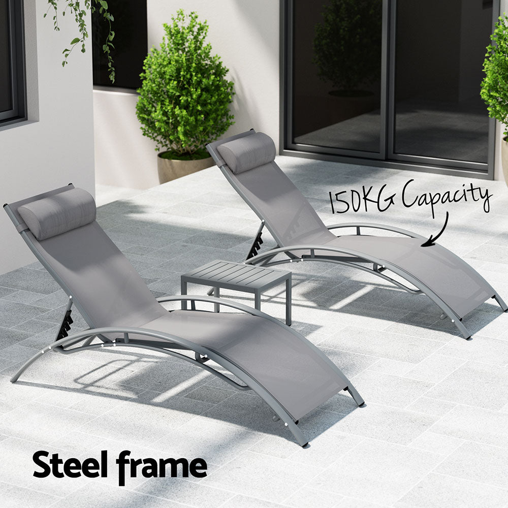 Gardeon 3PC Sun Lounge Outdoor Lounger Steel Table Chairs Patio Furniture Grey Gardeon