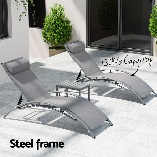 Gardeon 3PC Sun Lounge Outdoor Lounger Steel Table Chairs Patio Furniture Grey Gardeon